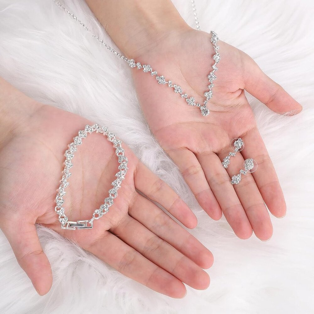 Bridal Jewelry Set for Wedding, Elegant Rhinestone Necklace Earrings Bracelet fo - Picture 3 of 7